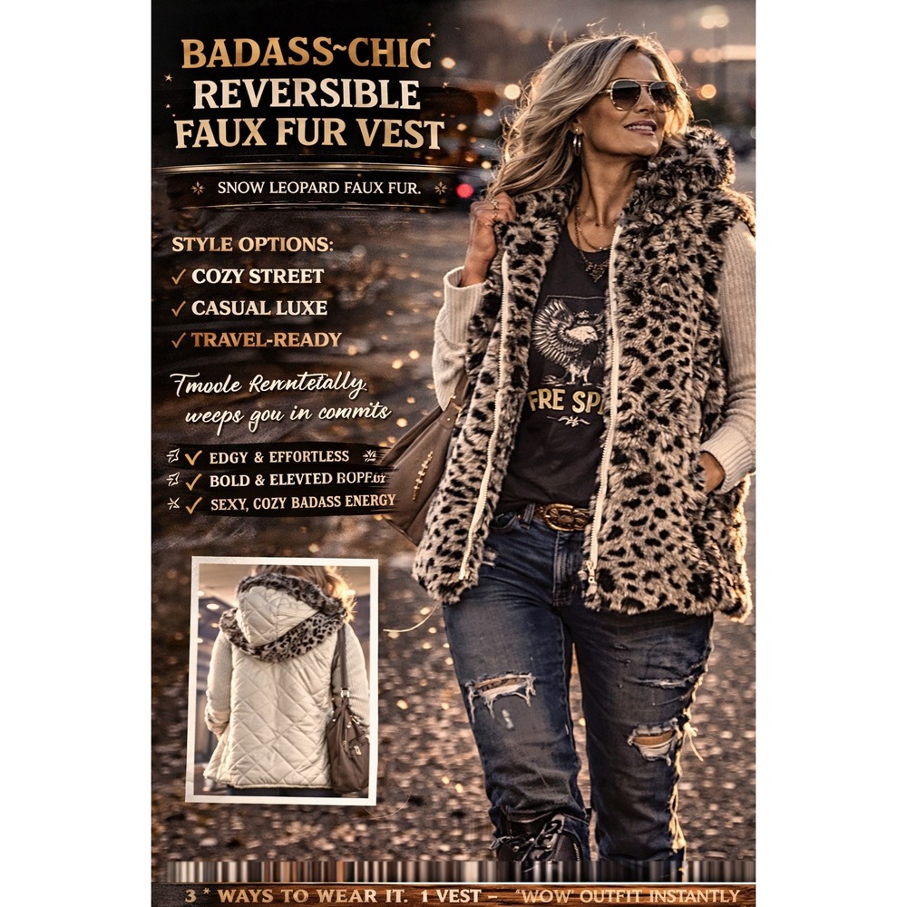 Kristen Blake Reversible Faux Fur Vest Snow Leopard Quilted Hooded Ivory Women - Picture 3 of 14